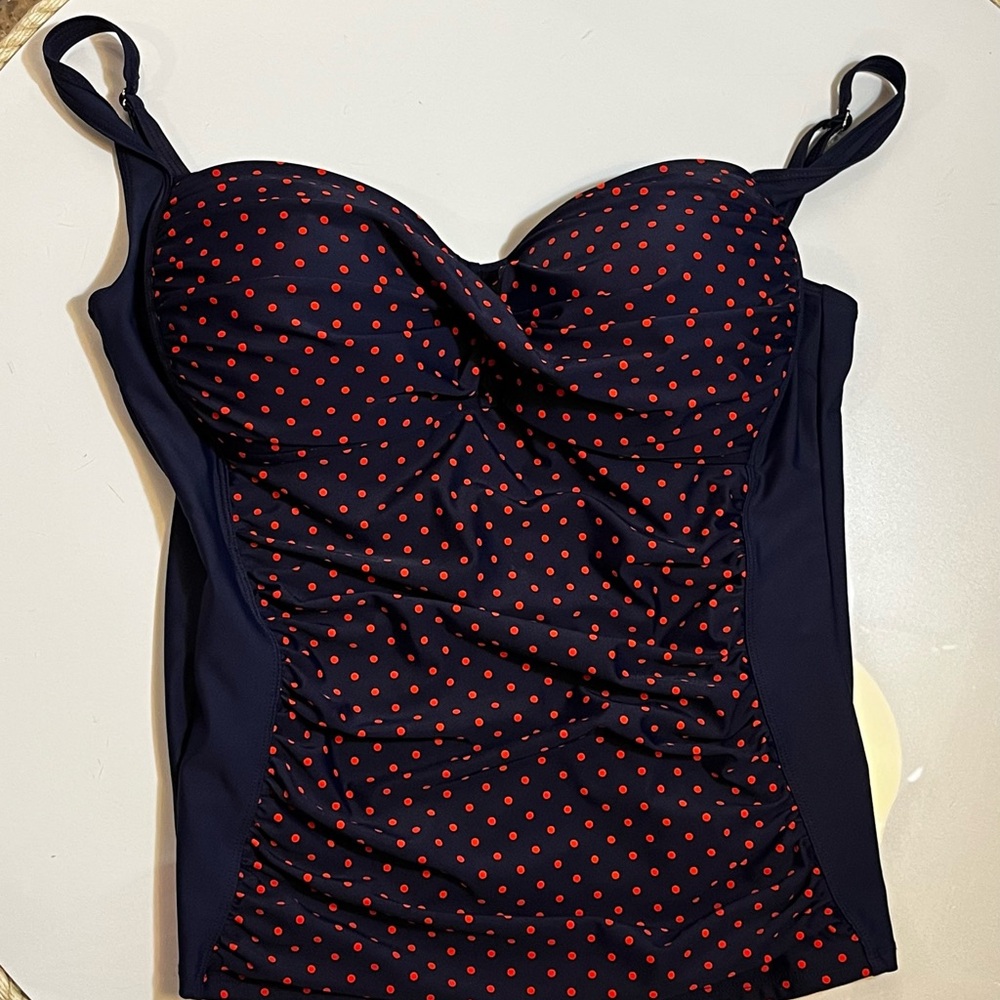 Mazu Swim.  Navy Blue With Red Polka Dots Swimsuit Top NWOT. Size 16